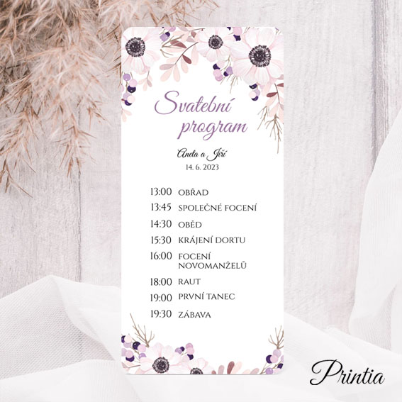 Svatební program s květy sasanek