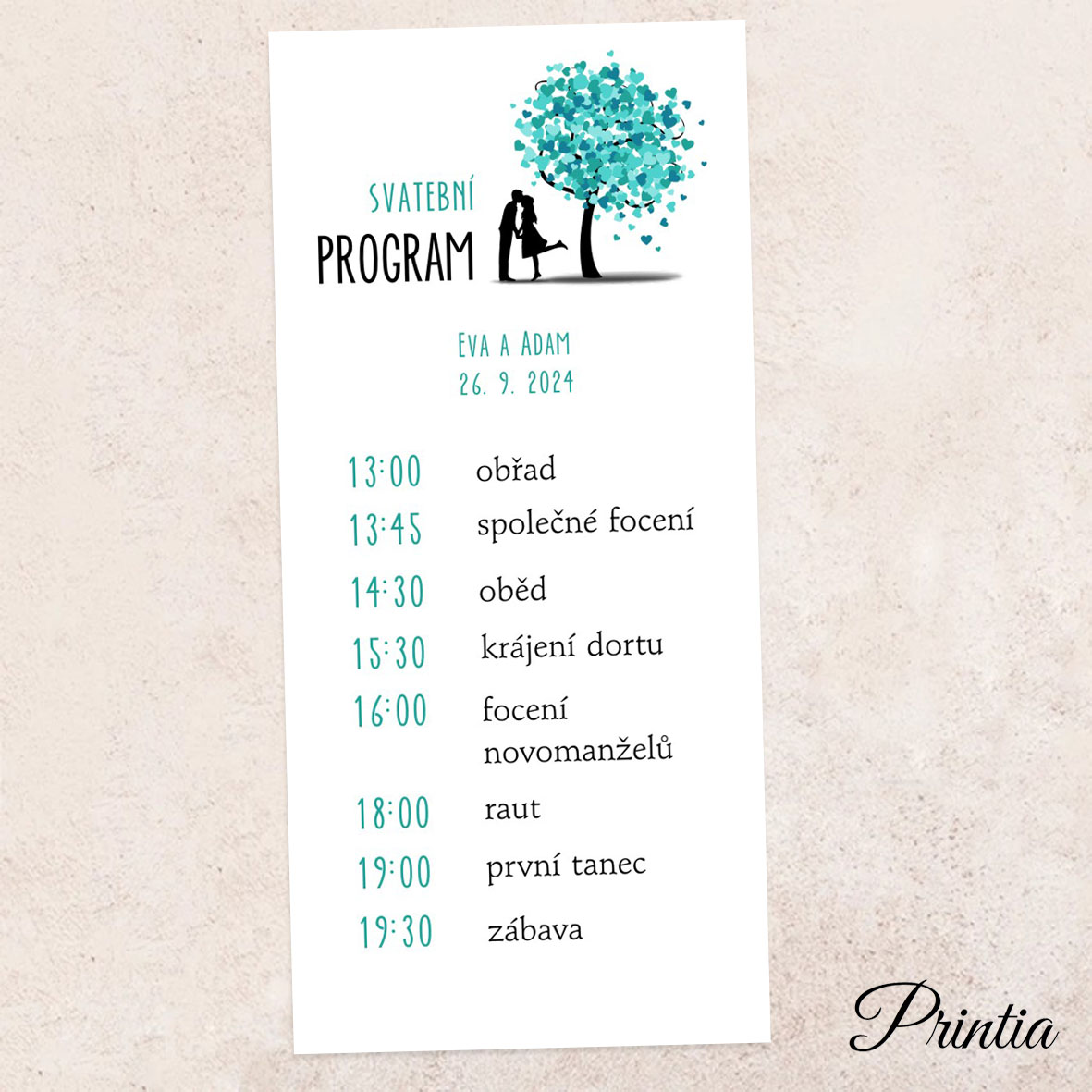 Wedding day schedule with a turquoise tree