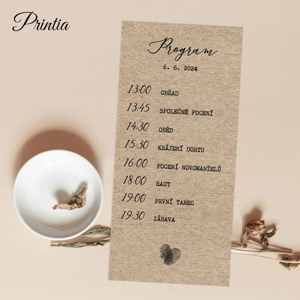 Wedding day schedule with fingerprint heart