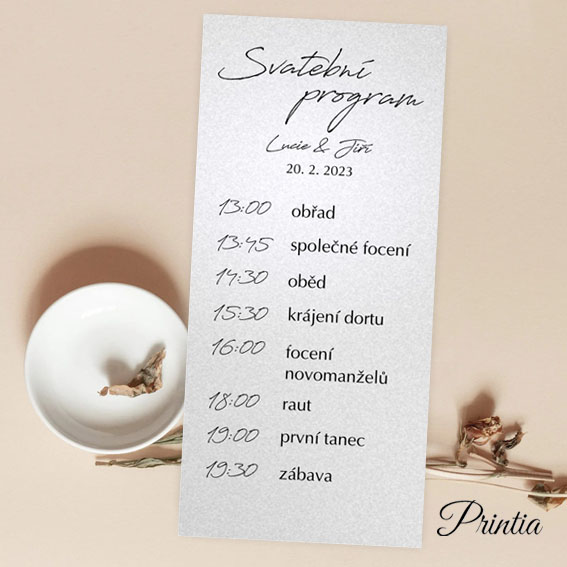 Elegantný svadobný program na perleťovom papieri