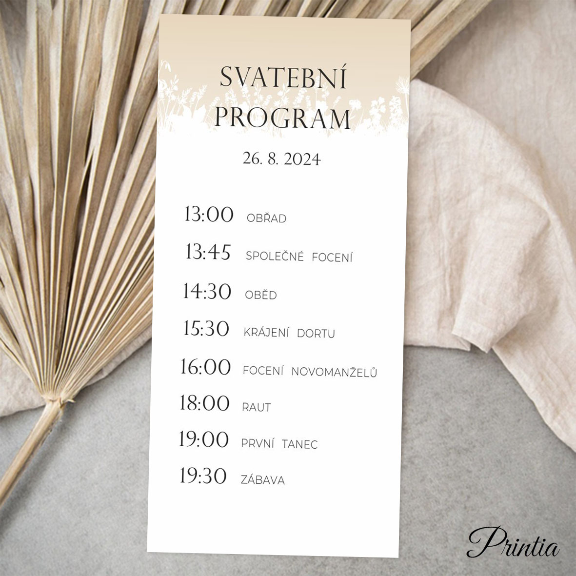 Wedding day schedule with meadow outline 