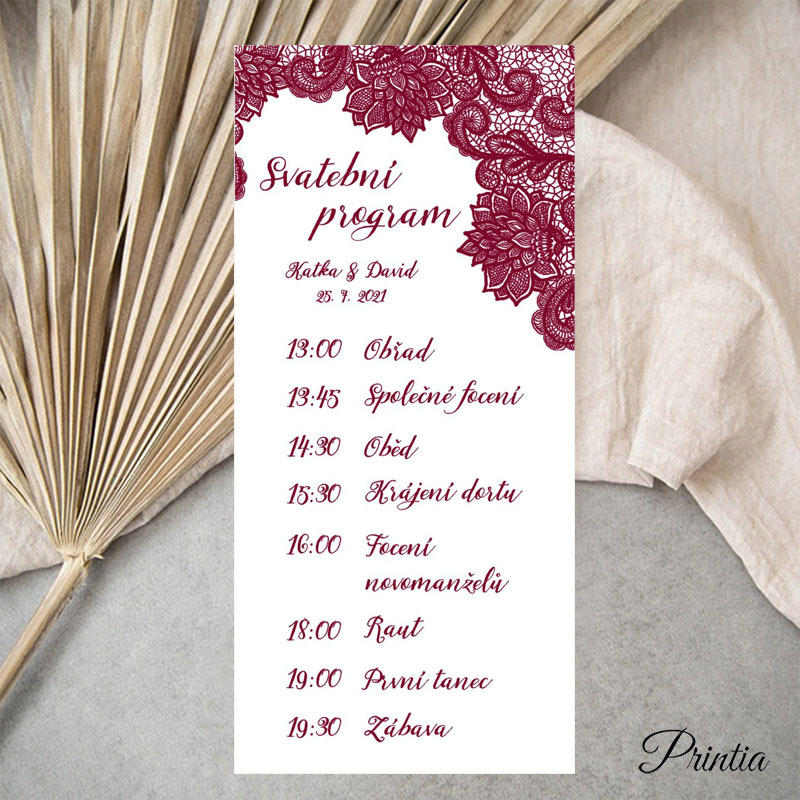 Wedding timeline with burgundy lace