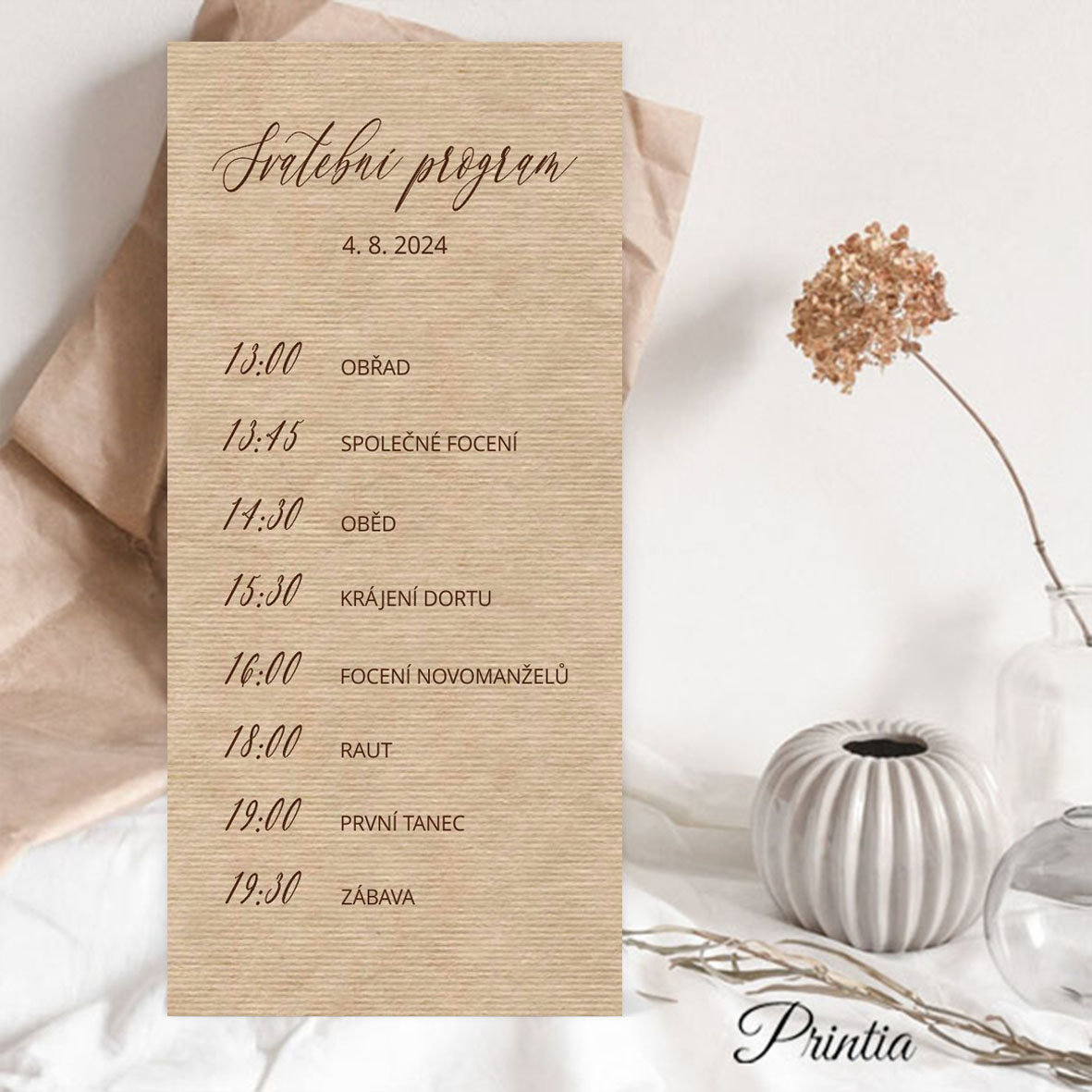 Wedding day schedule on light kraft paper