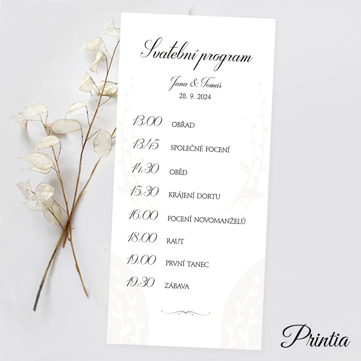 Wedding day schedule with a small ornament