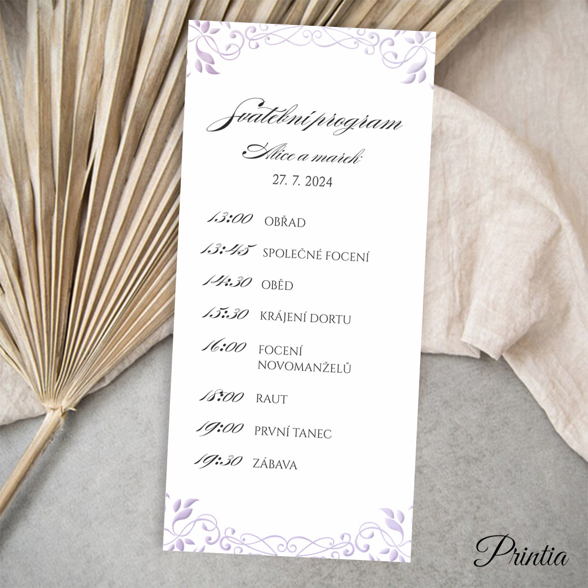 Wedding day schedule with purple ornament