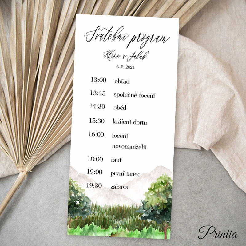 Wedding day timeline with the theme of forest and mountains