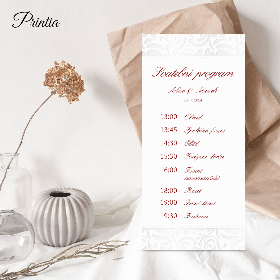 Wedding day program with pearl ornament
