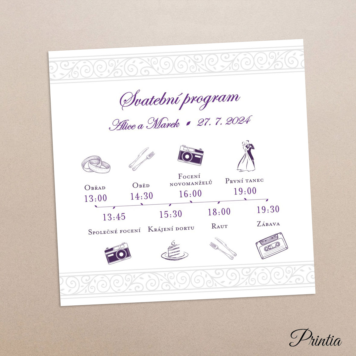 Square wedding timeline with printed ornament