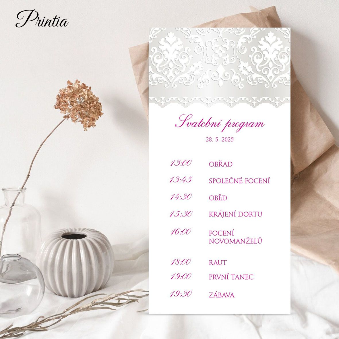 Wedding timeline with embossed pearly ornament