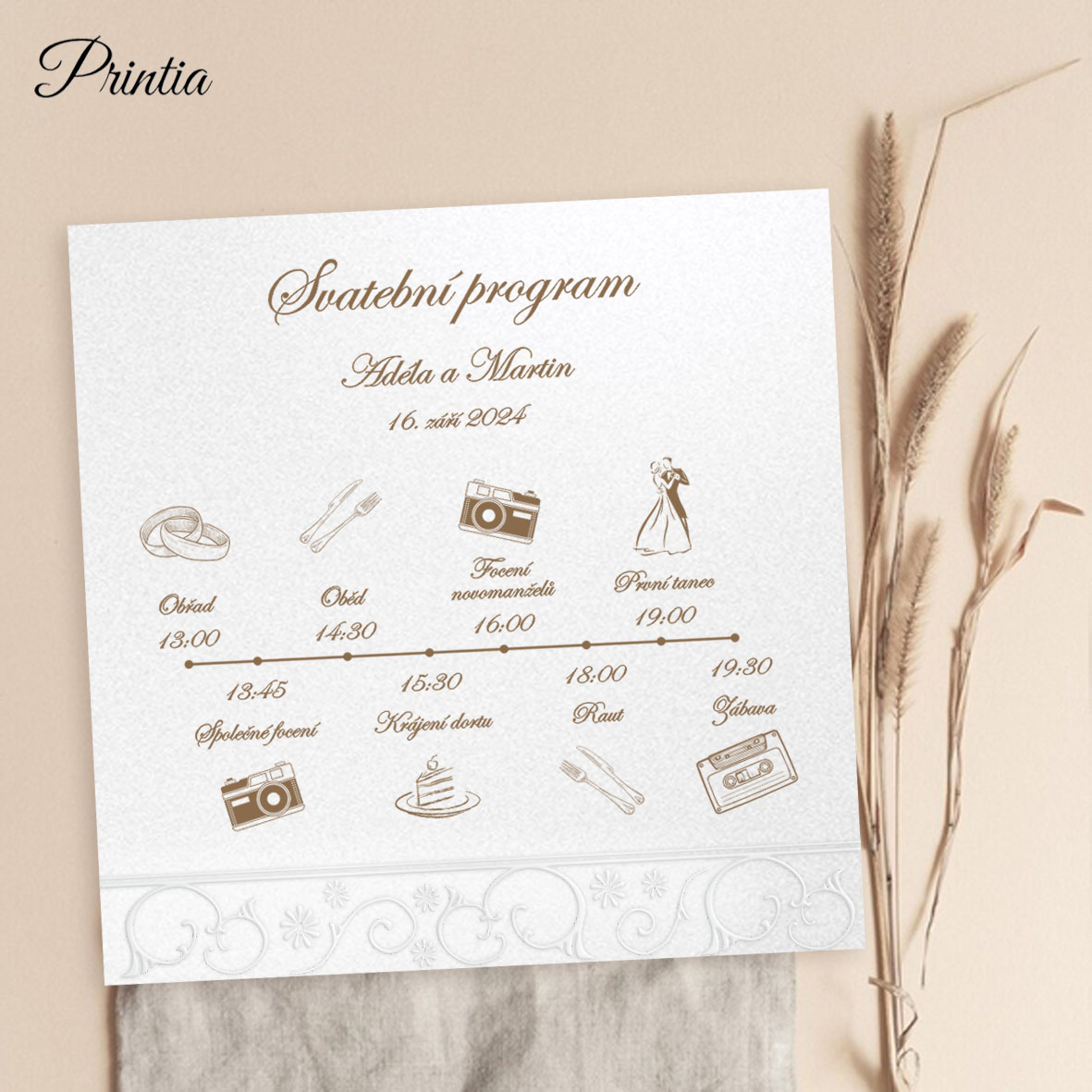 Square wedding timeline with printed ornament