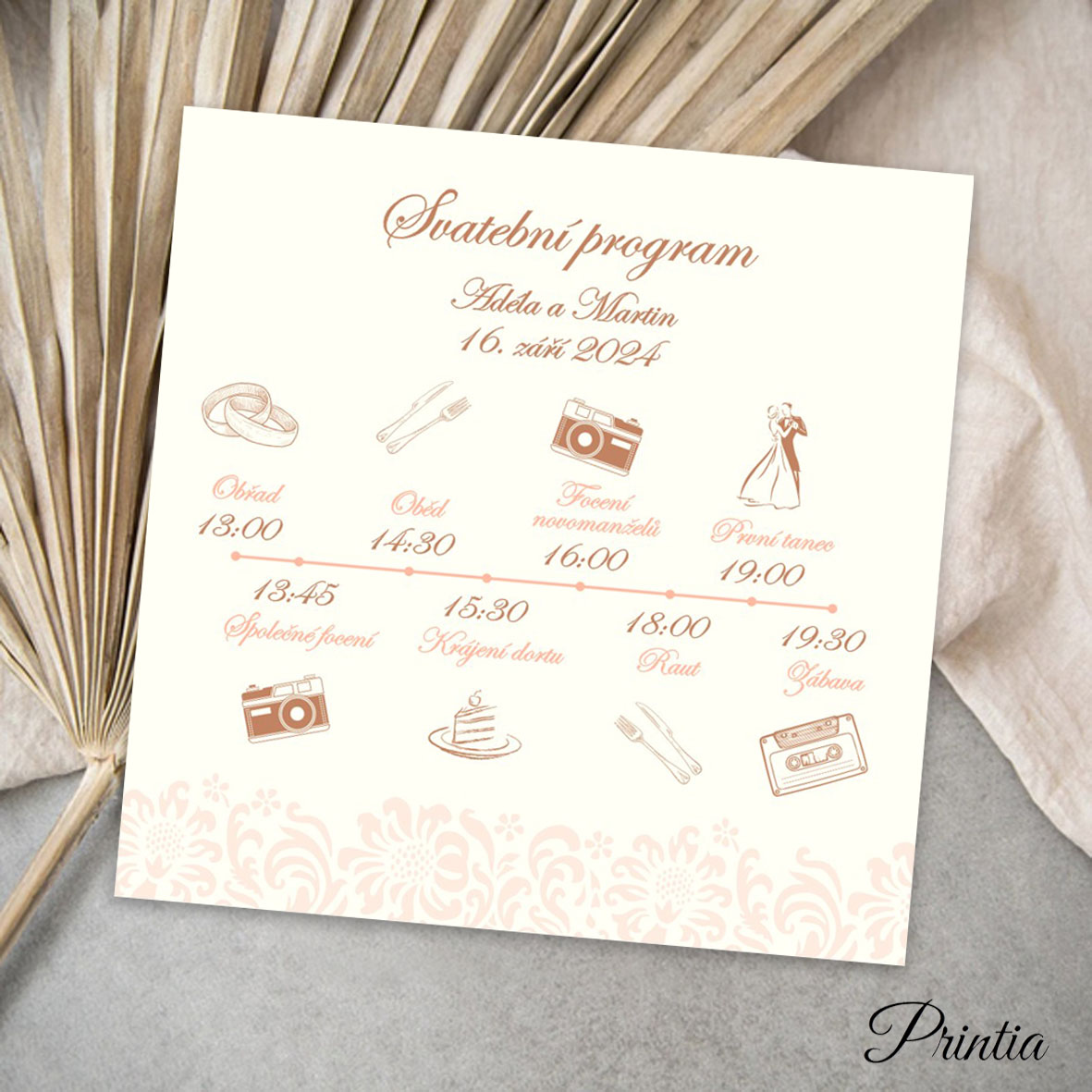 Wedding program with apricot ornament