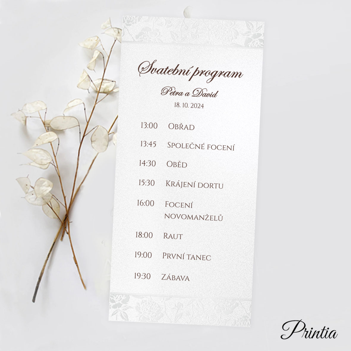 Wedding timeline with embossed flowers