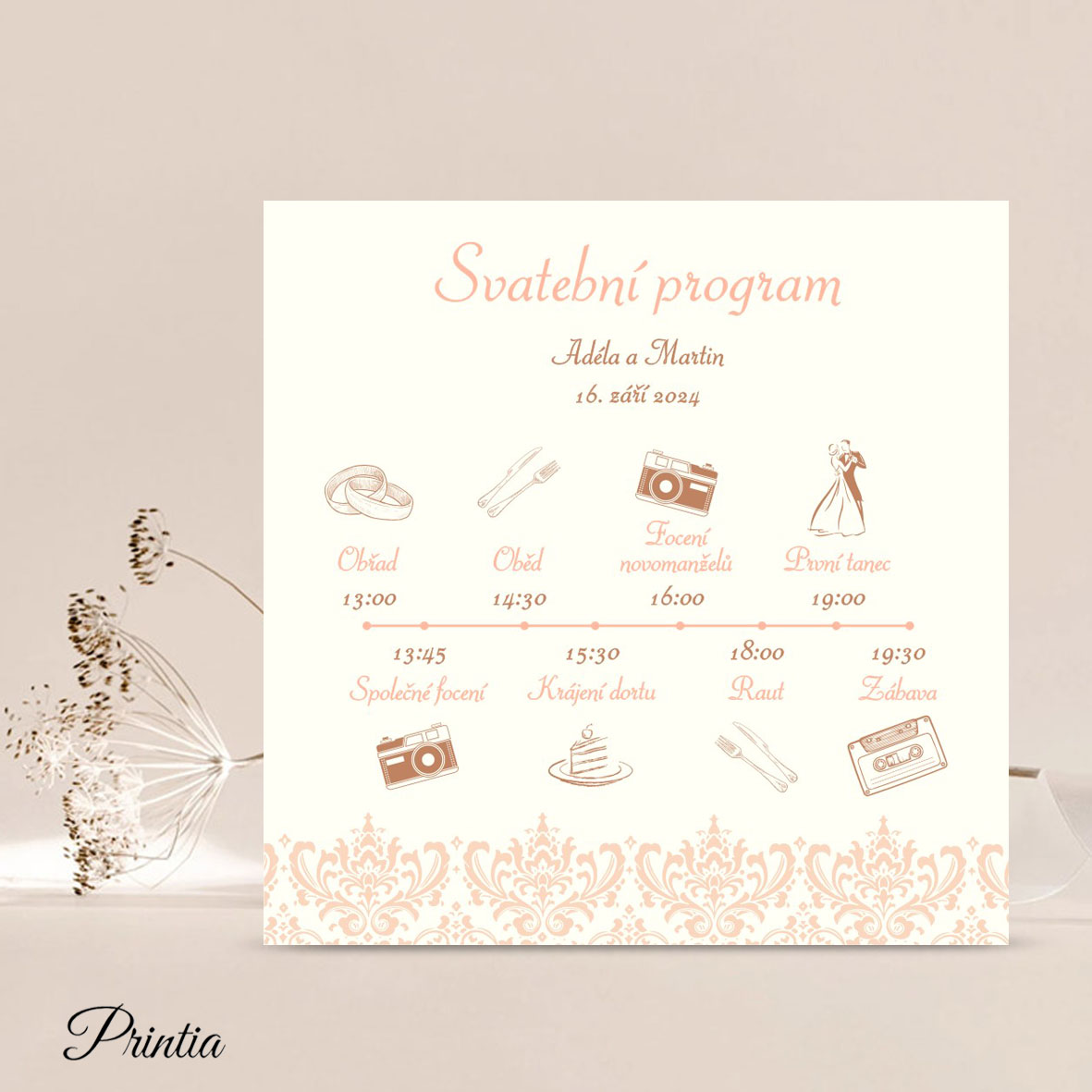 Square wedding timeline apricot color