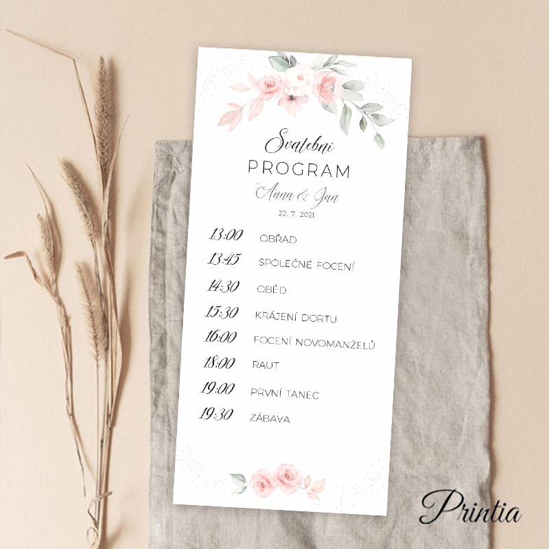 Wedding day schedule with pink flowers