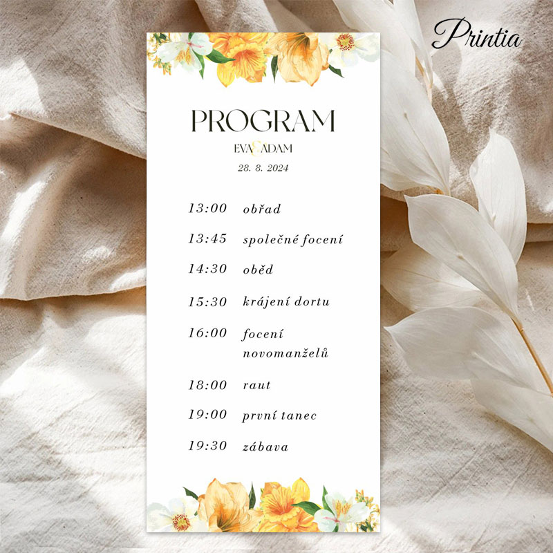 Wedding program with yellow flowers