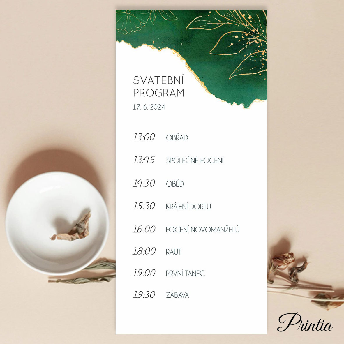 Green wedding day schedule with gold elements