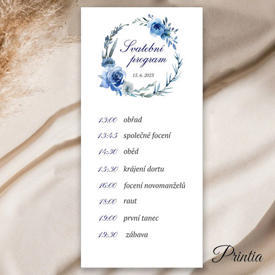 Wedding day schedule with a circle of blue flowers