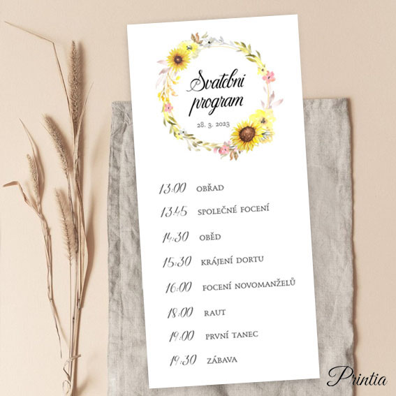 Wedding schedule with a wreath of yellow flowers