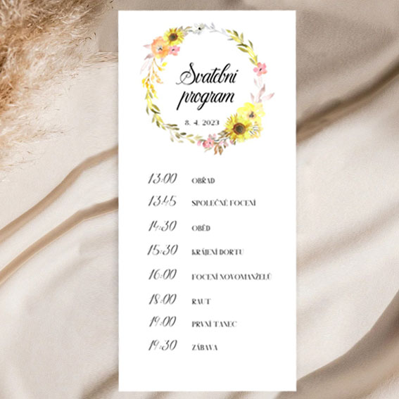 Wedding day schedule with sunflowers and wreath 