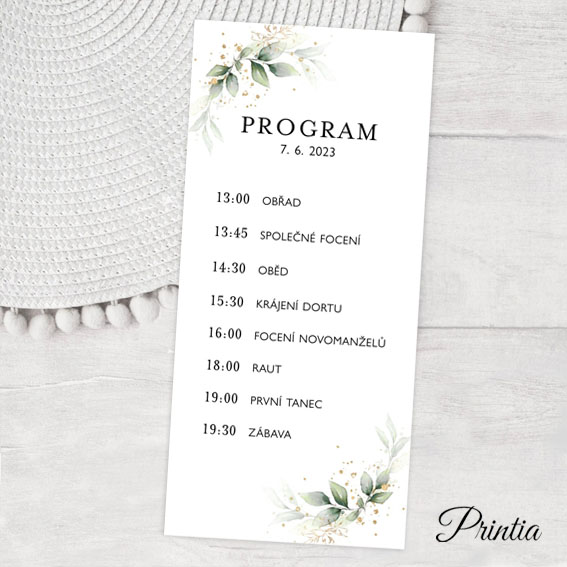 Wedding day schedule with green leaves