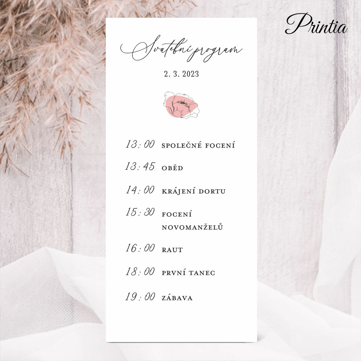 Wedding day schedule with poppy flower