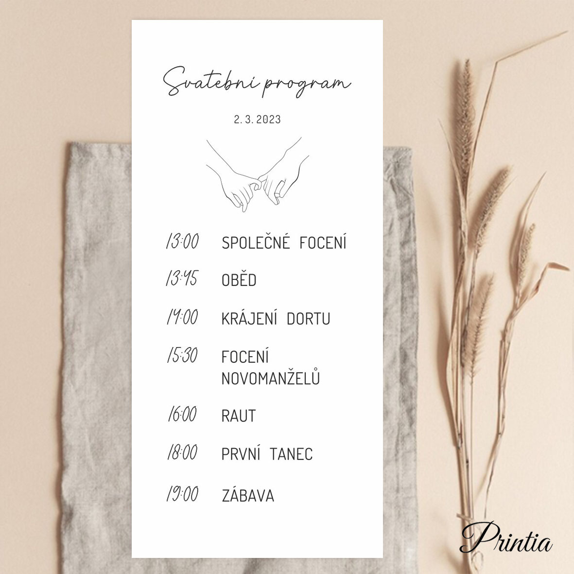 Wedding day schedule with outlines holding hands