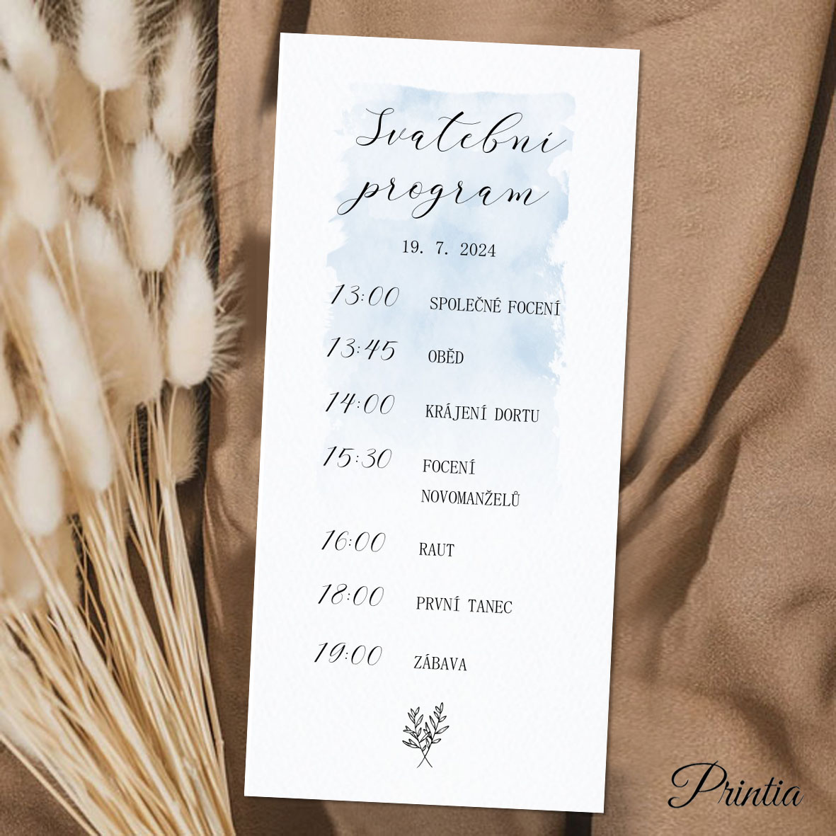 Wedding day schedule with blue watercolor background and twig 