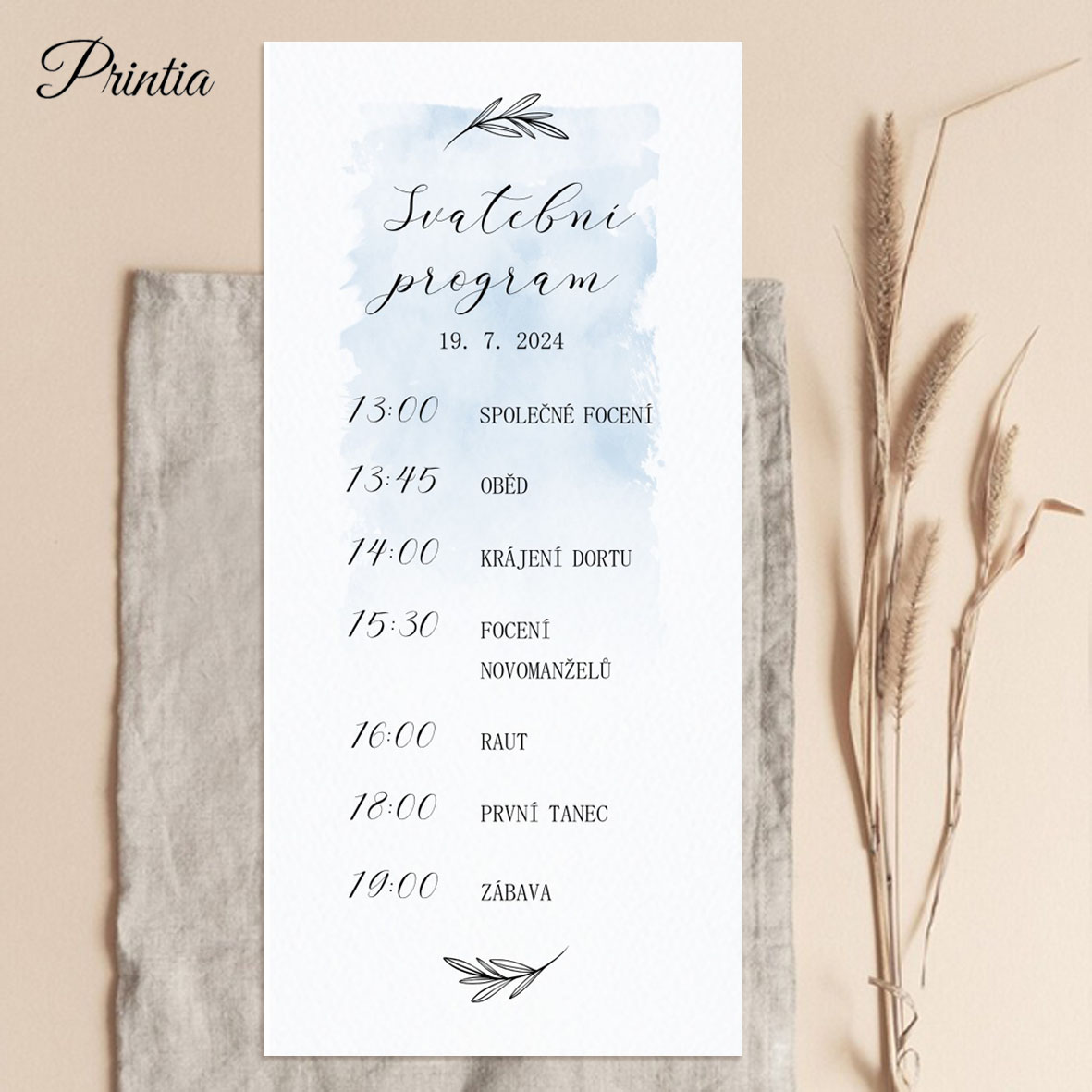Wedding day schedule with twigs and blue background 