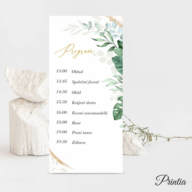 Wedding day timeline with green leaves