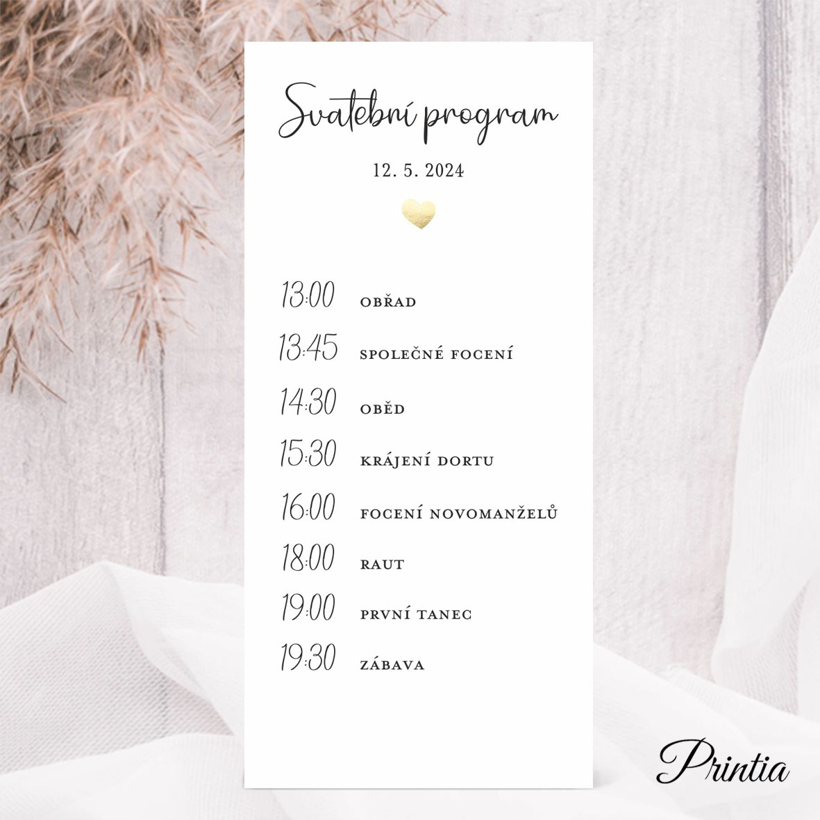 Wedding day schedule with golden heart