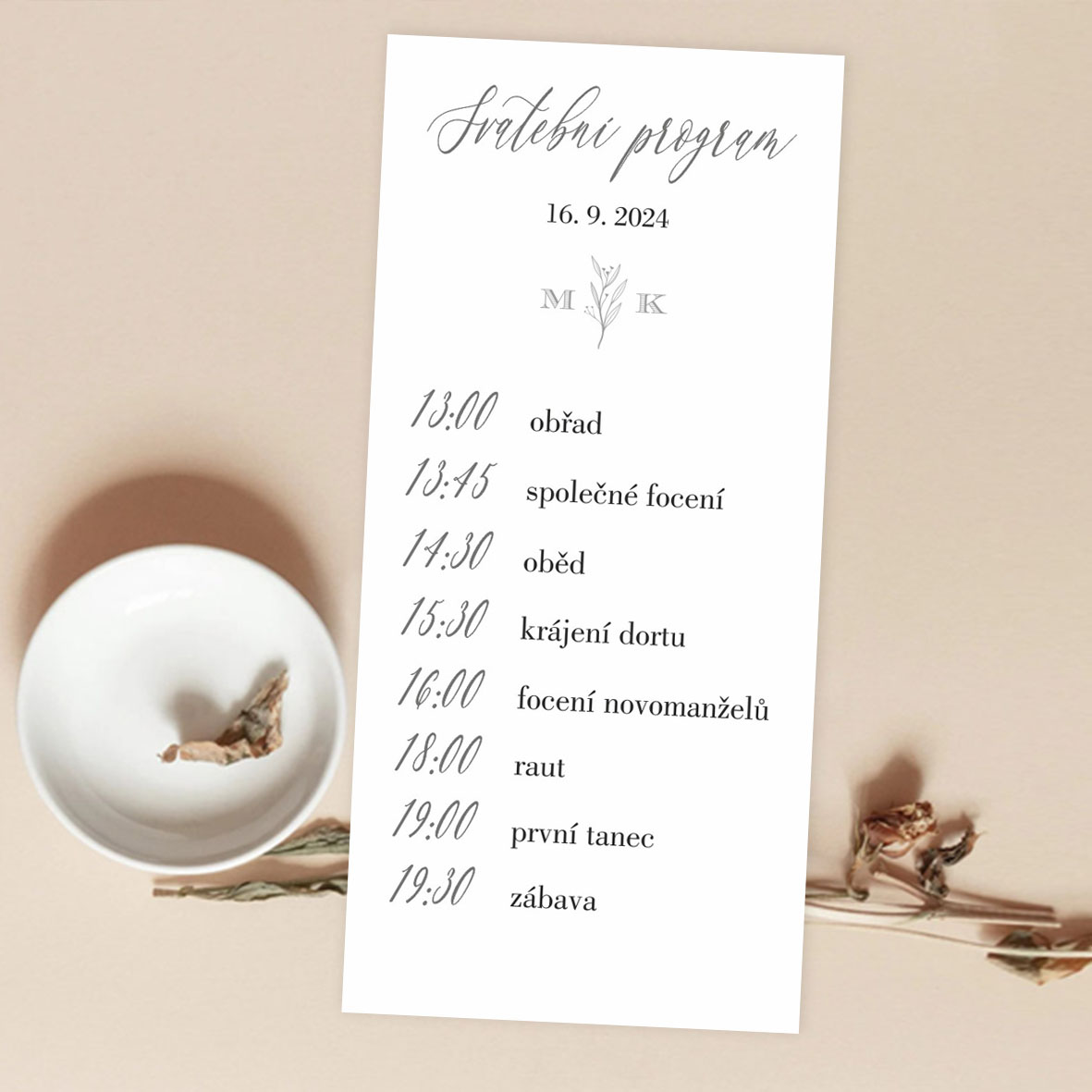 Wedding day schedule with a twig 