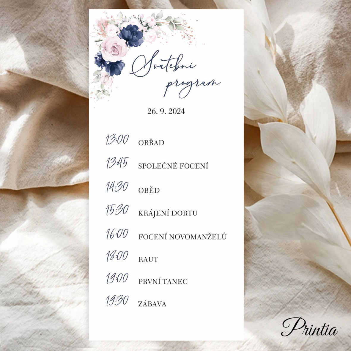 Wedding day schedule with blue and pink flowers