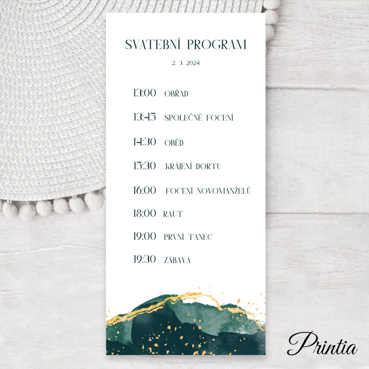 Emerald green wedding day schedule