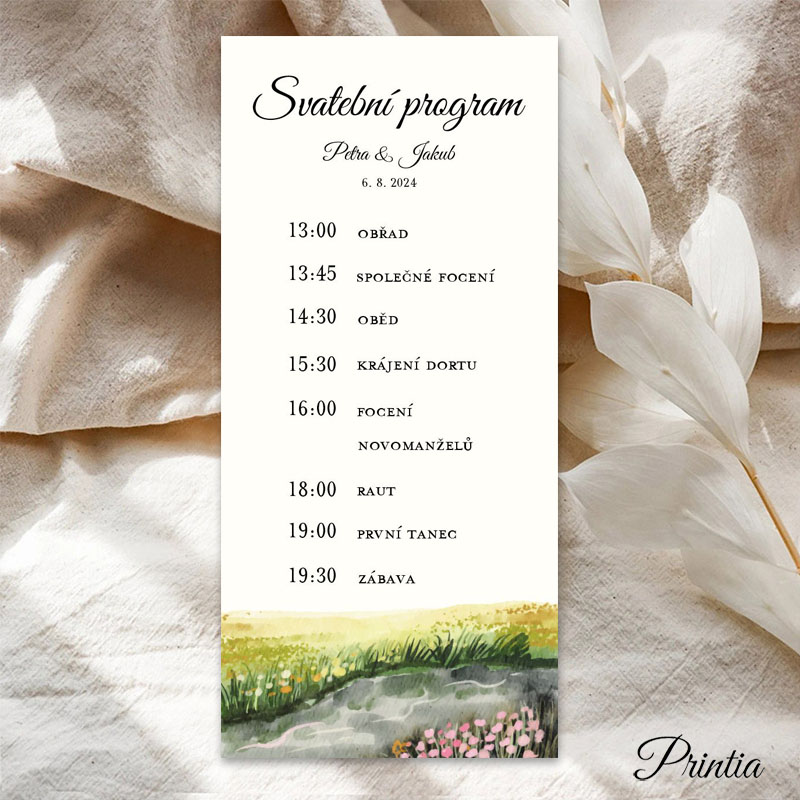 Wedding timeline with mountains and meadow