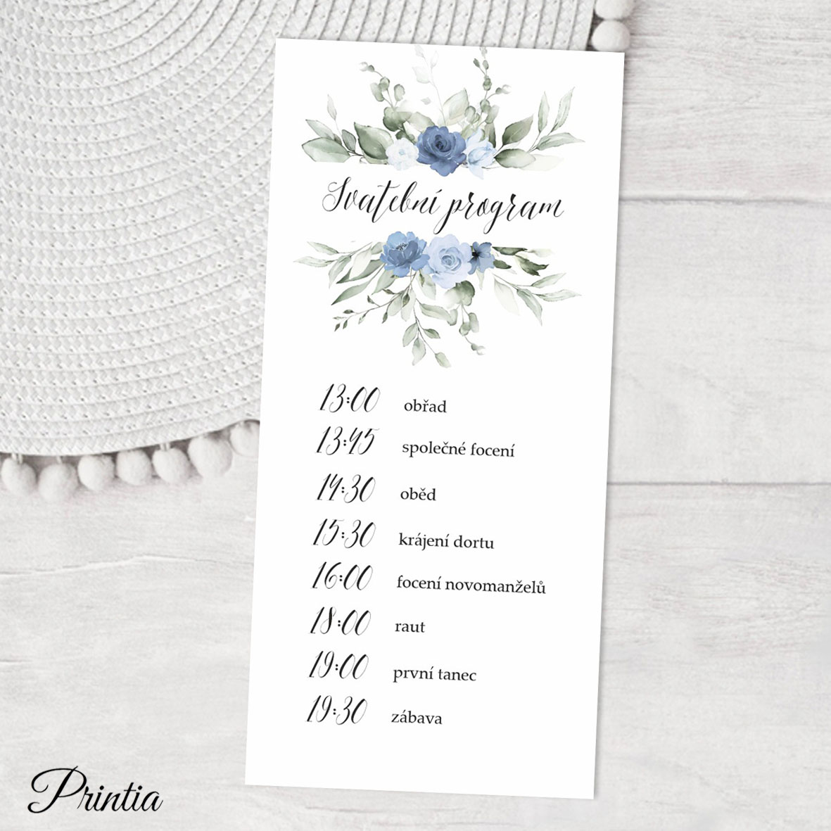 Wedding day timeline with blue flowers