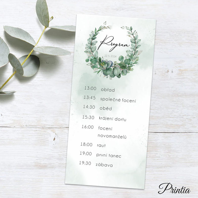 Wedding day schedule with eucalyptus wreath