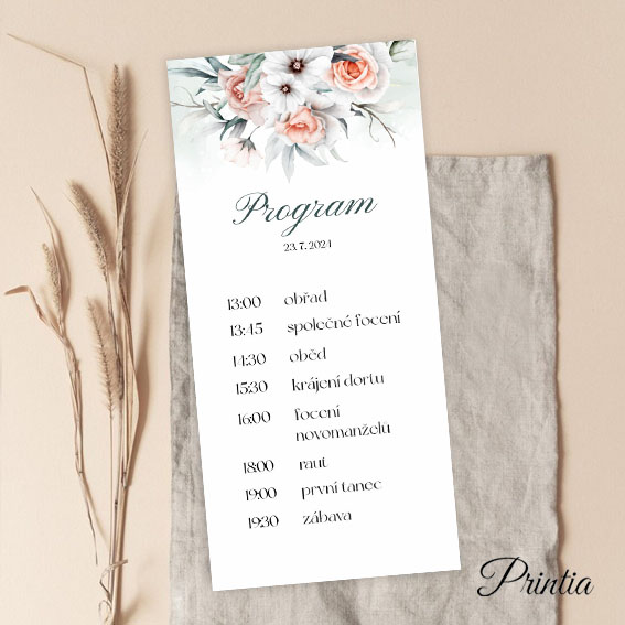 Wedding day timeline with apricot gray flowers