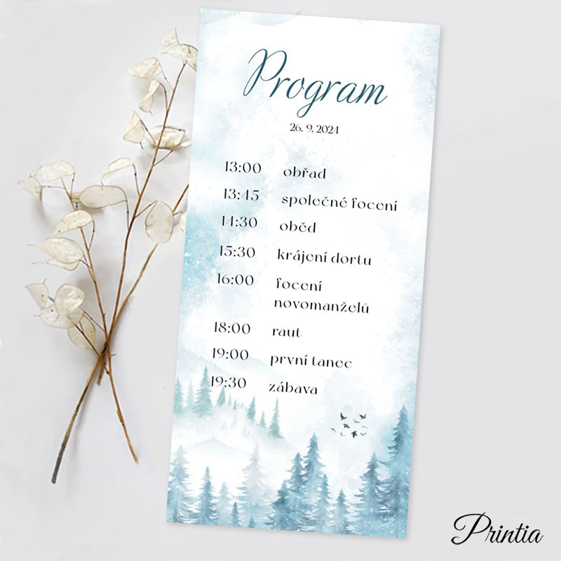 Wedding program with a snowy landscape