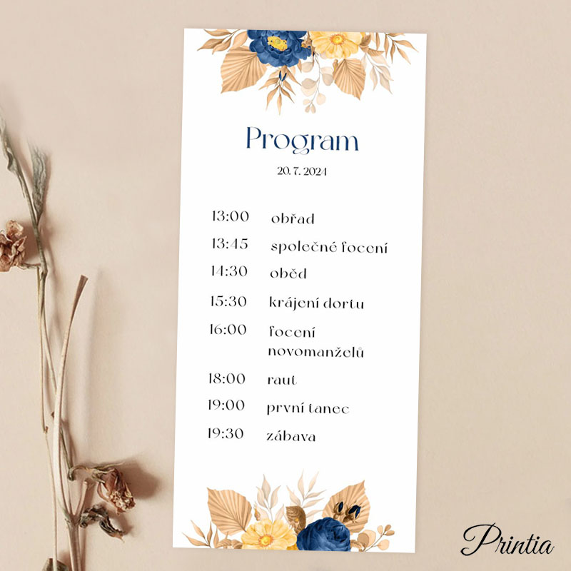 Wedding timeline with blue and yellow flowers