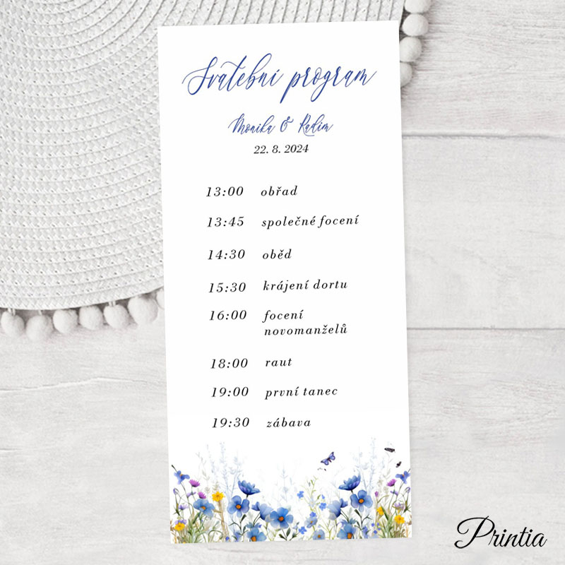 Wedding timeline with a meadow of blue flowers