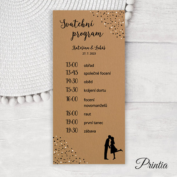 Wedding timeline with couple in embossed rainbow dots