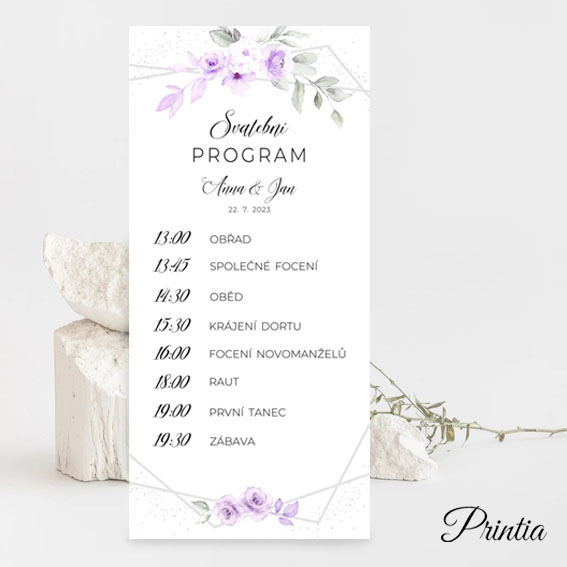 Wedding timeline with lilac watercolor flowers