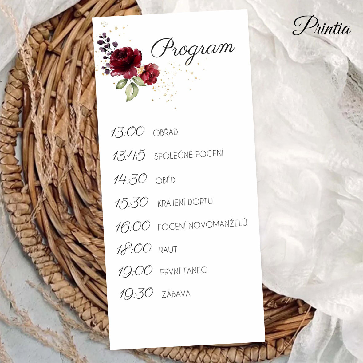 Program svatebního dne s červenými květinami