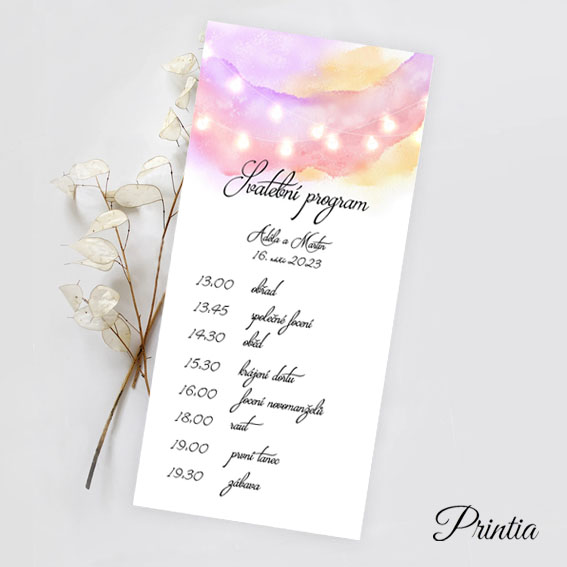 Watercolor wedding timeline. Colorful evening celebrations theme.