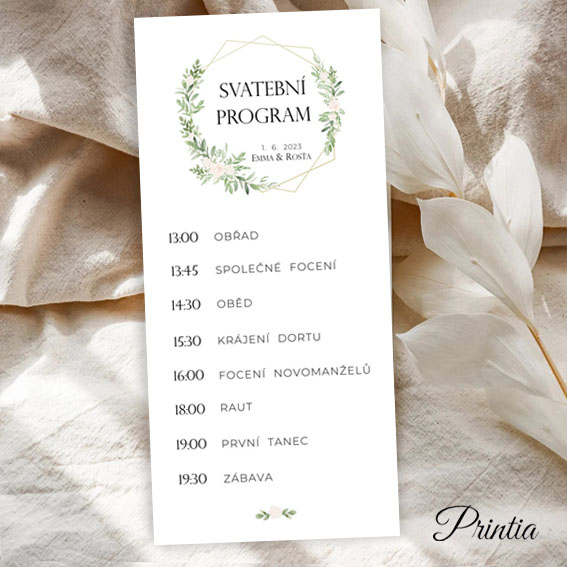 Geometric wedding timeline with wreath of flowers