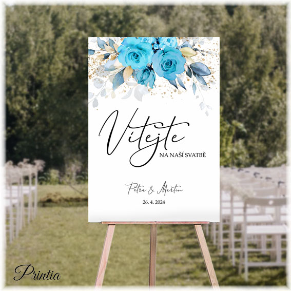 Wedding welcome sign with turquoise flowers