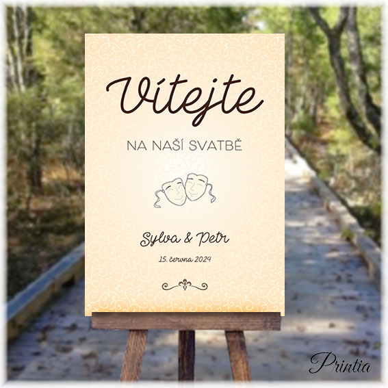 Wedding welcome sign with theater masks