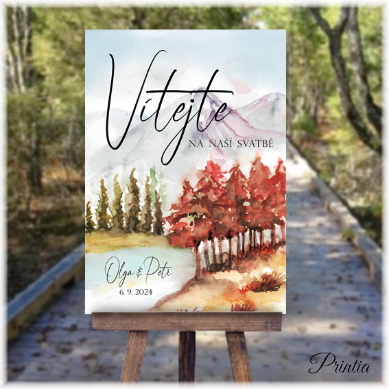 Wedding welcome sign with autumn landscape