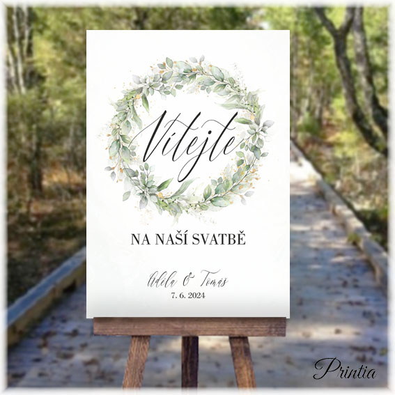 Wedding welcome sign with eucalyptus wreath