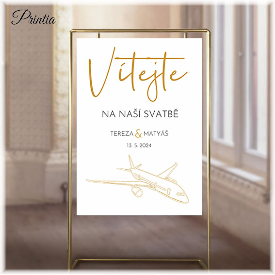 Wedding welcome sign with airplane